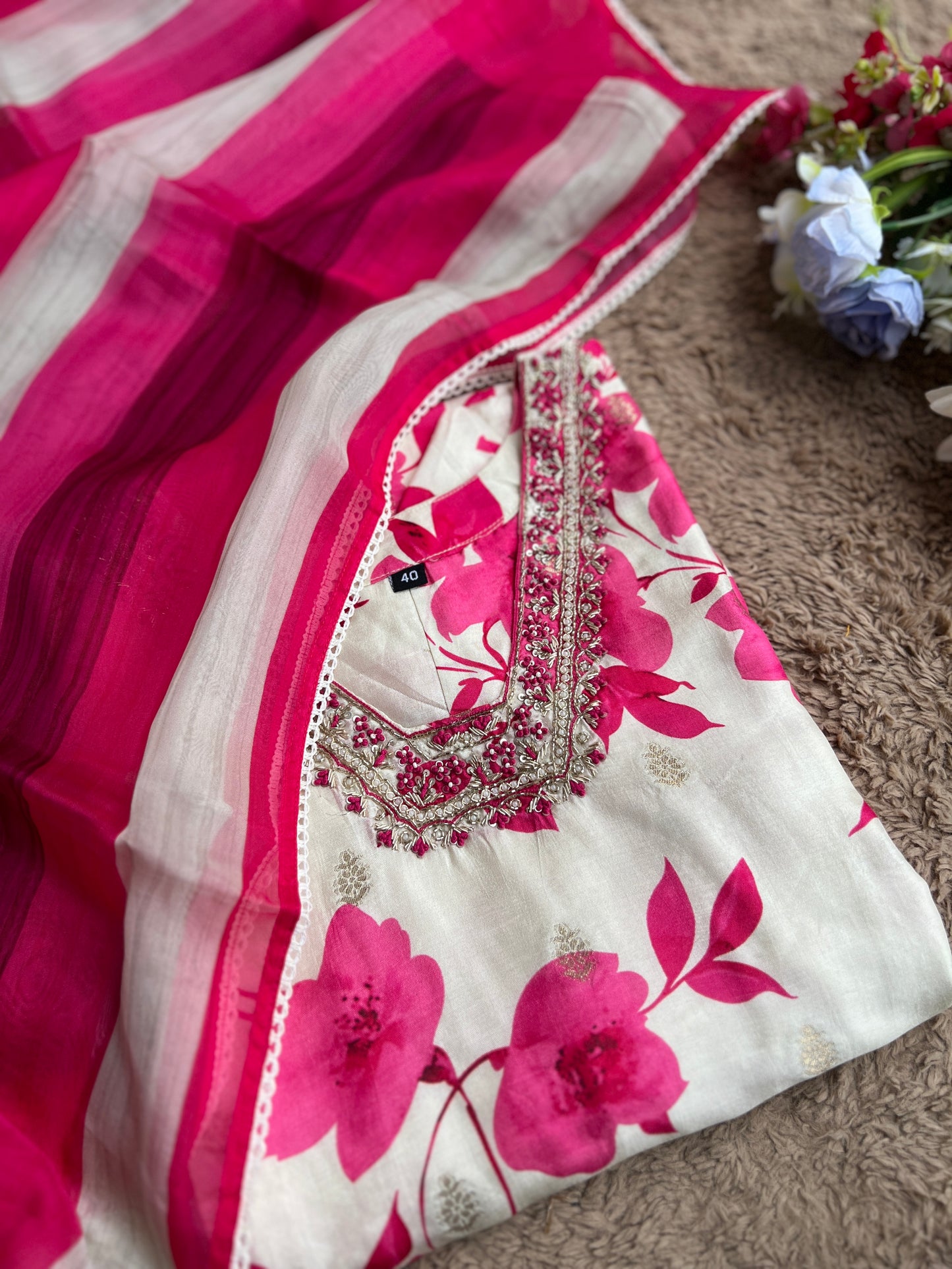 Royal Charm – White & Fuchsia Rani Russian Silk Suit with Handwork & Organza Dupatta