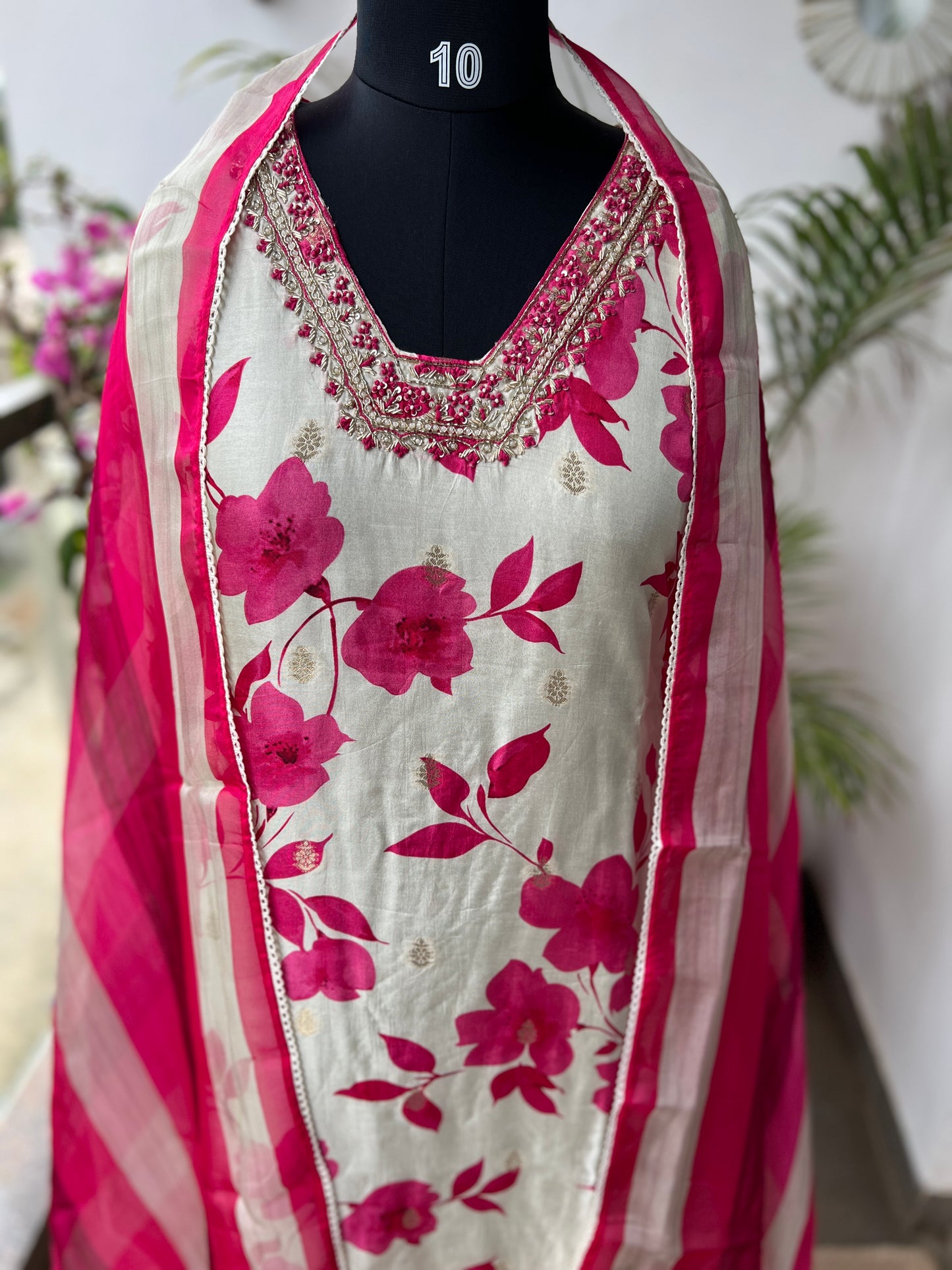 Royal Charm – White & Fuchsia Rani Russian Silk Suit with Handwork & Organza Dupatta