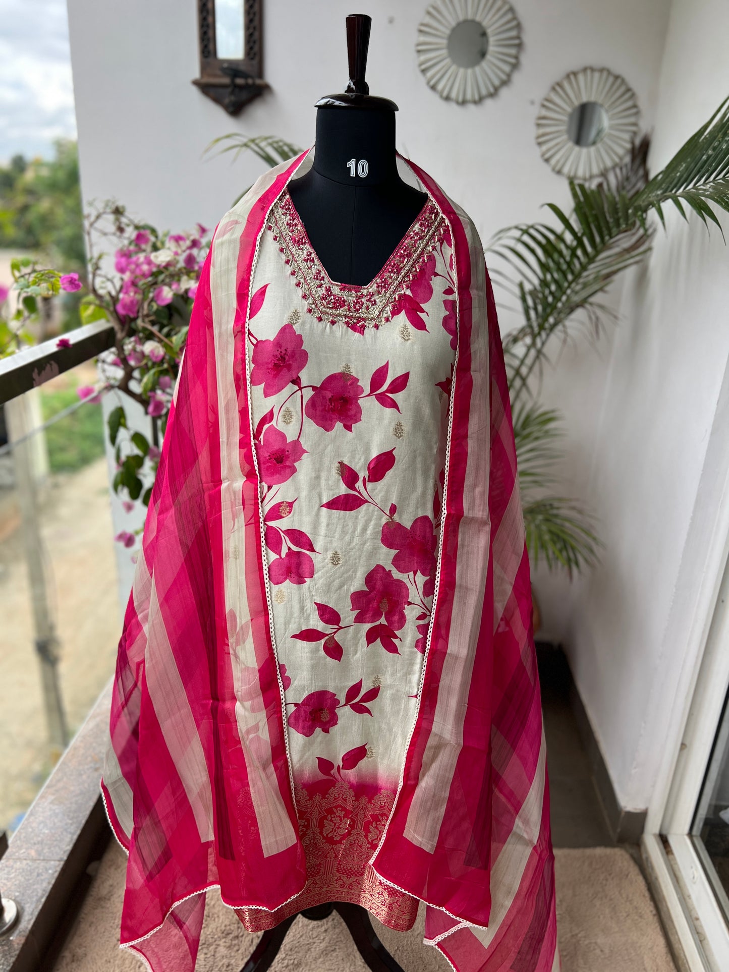 Royal Charm – White & Fuchsia Rani Russian Silk Suit with Handwork & Organza Dupatta