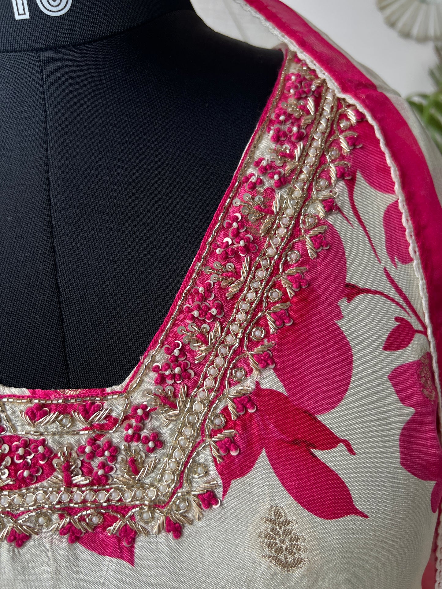 Royal Charm – White & Fuchsia Rani Russian Silk Suit with Handwork & Organza Dupatta