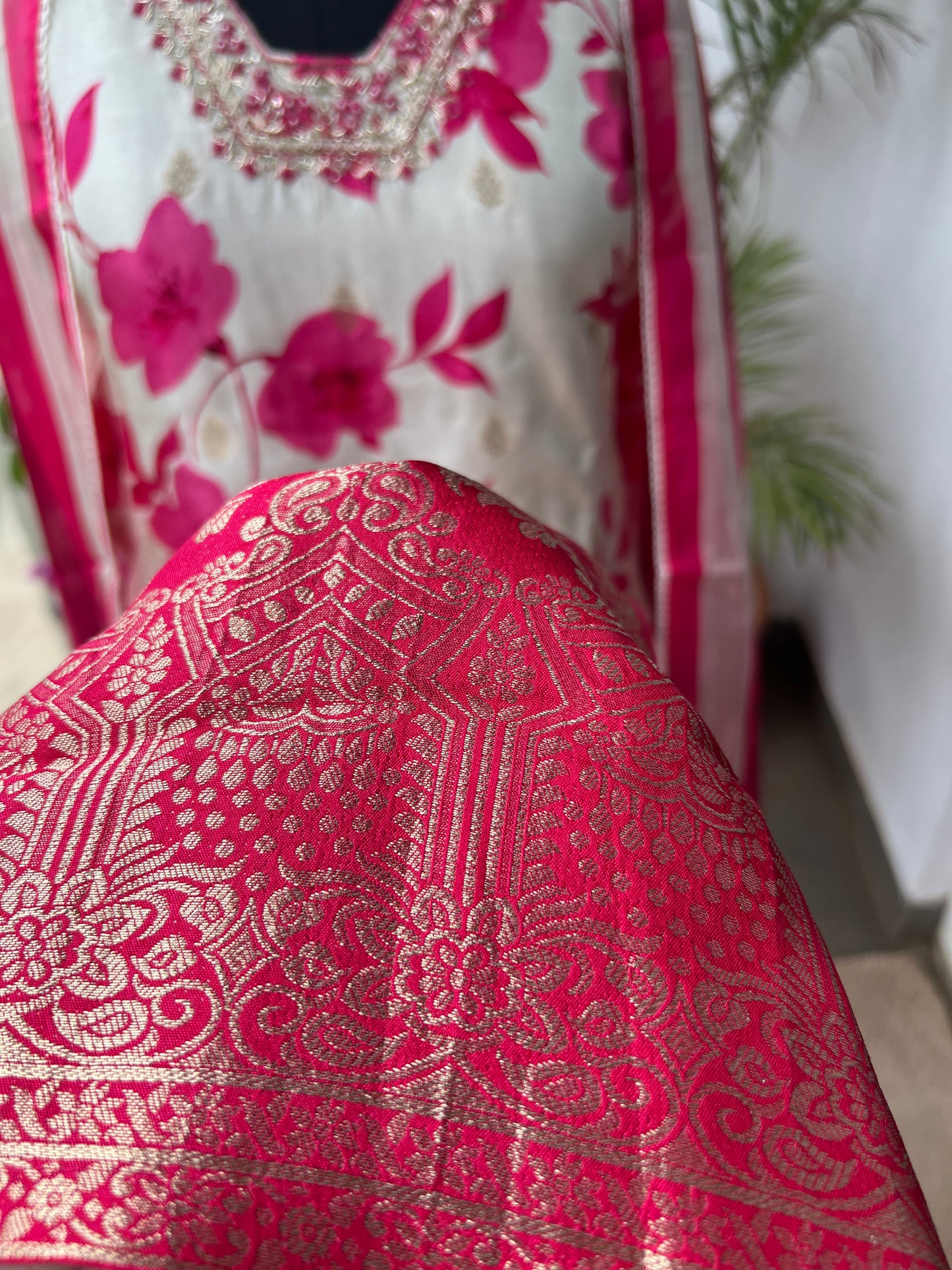 Royal Charm – White & Fuchsia Rani Russian Silk Suit with Handwork & Organza Dupatta