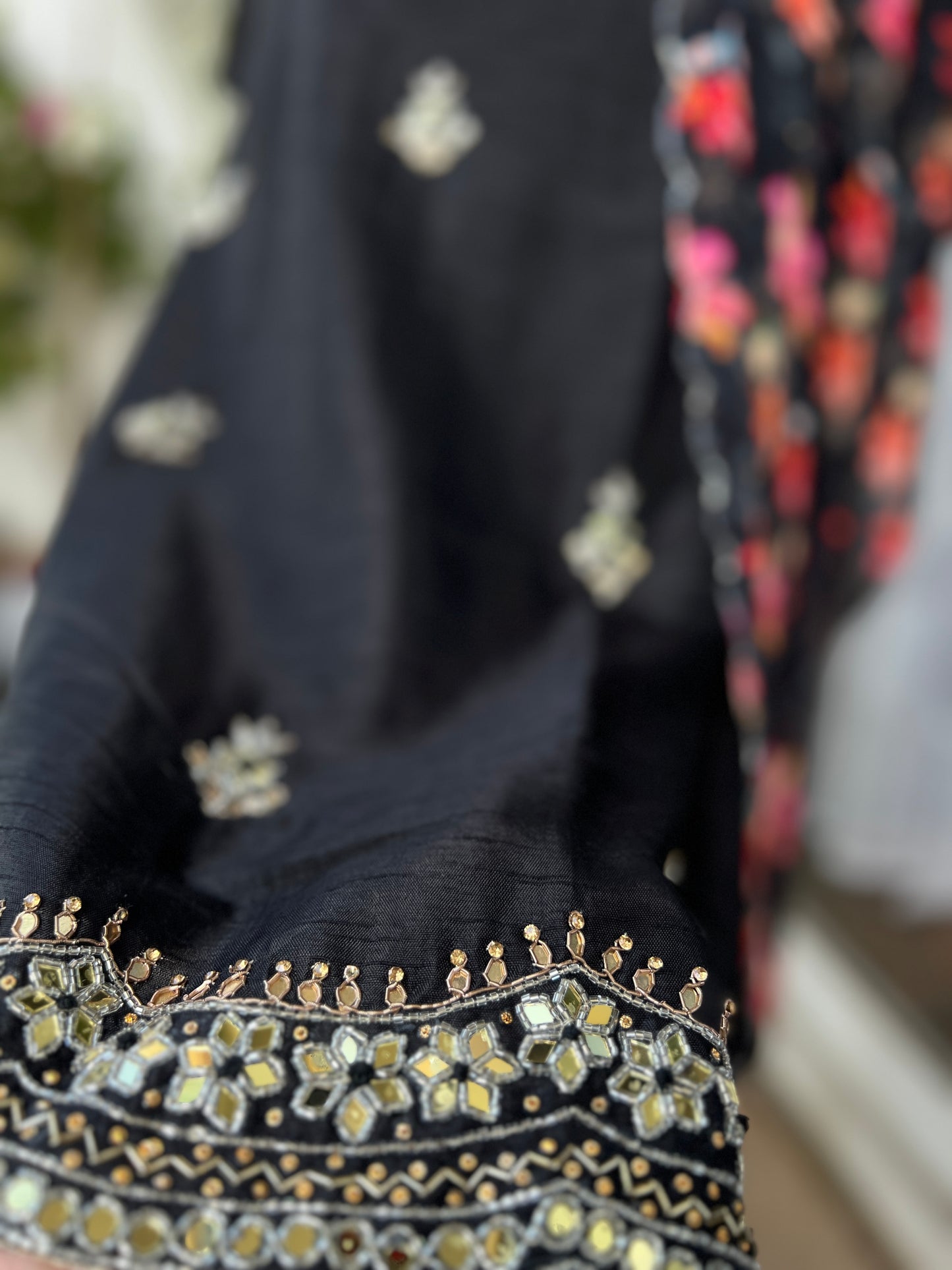 Midnight Elegance – Black Tussar Silk Suit with Kalkatta Handwork & Floral Chiffon Dupatta