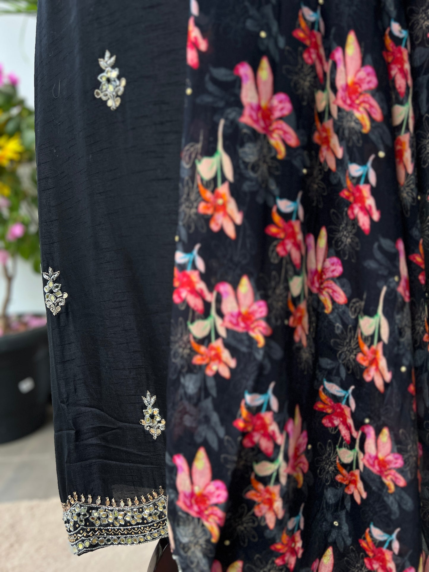 Midnight Elegance – Black Tussar Silk Suit with Kalkatta Handwork & Floral Chiffon Dupatta