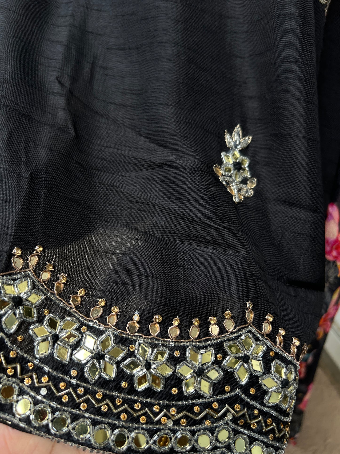 Midnight Elegance – Black Tussar Silk Suit with Kalkatta Handwork & Floral Chiffon Dupatta