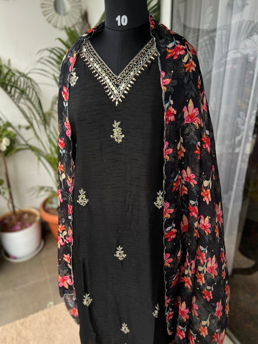 Midnight Elegance – Black Tussar Silk Suit with Kalkatta Handwork & Floral Chiffon Dupatta