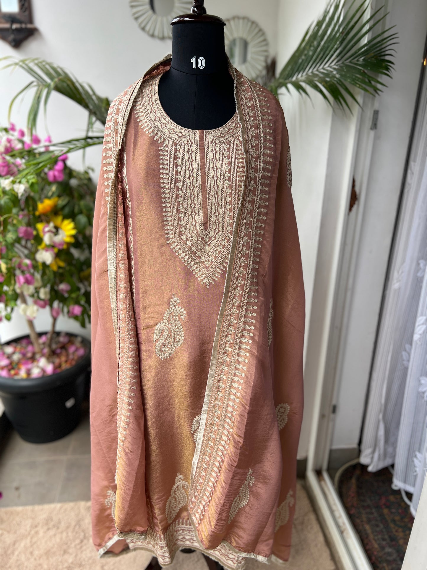 Golden Elegance – Shimmer Silk Ready to Wear Suit with Intricate Embroidery & Lace Detailing