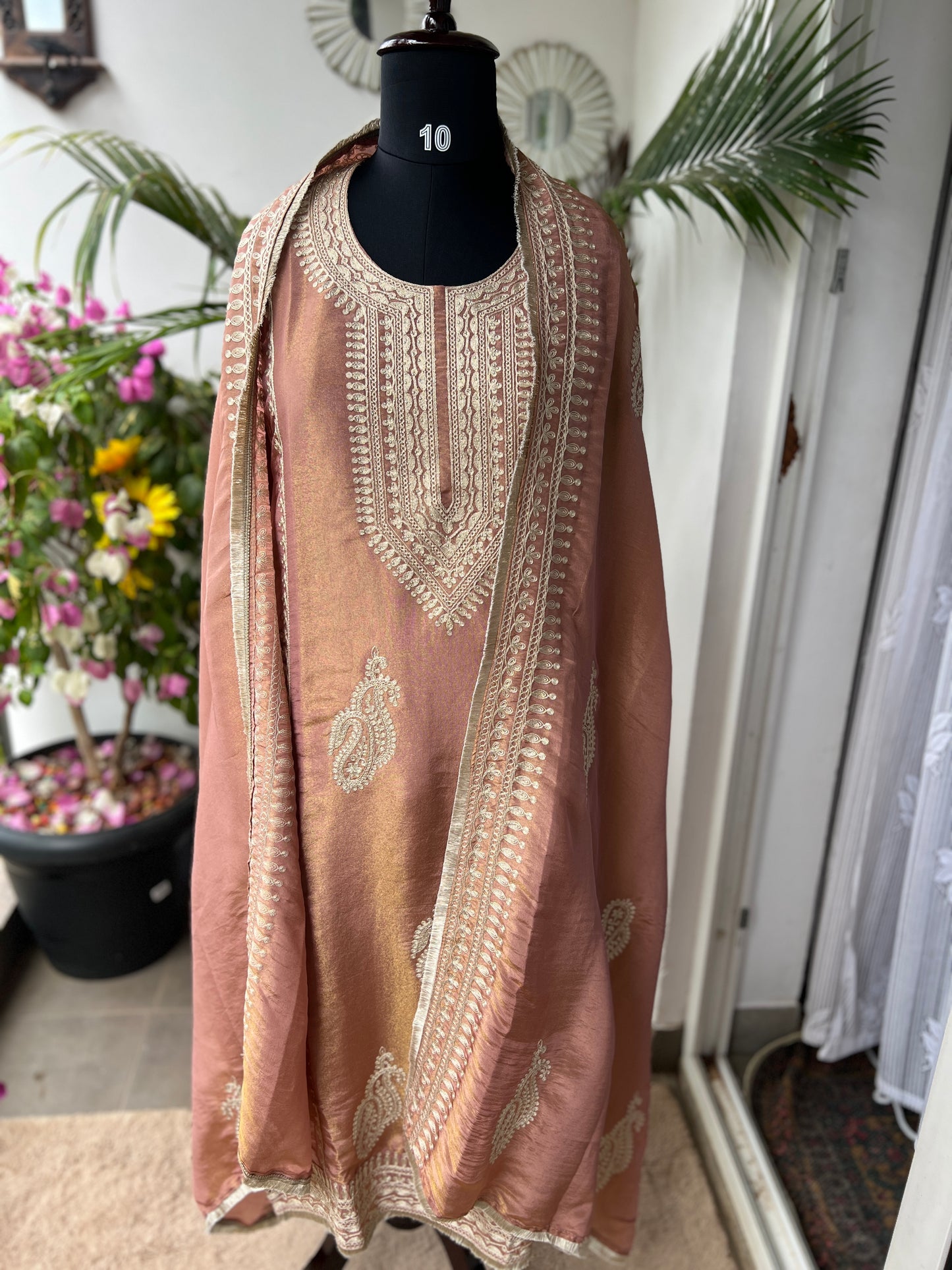 Golden Elegance – Shimmer Silk Ready to Wear Suit with Intricate Embroidery & Lace Detailing