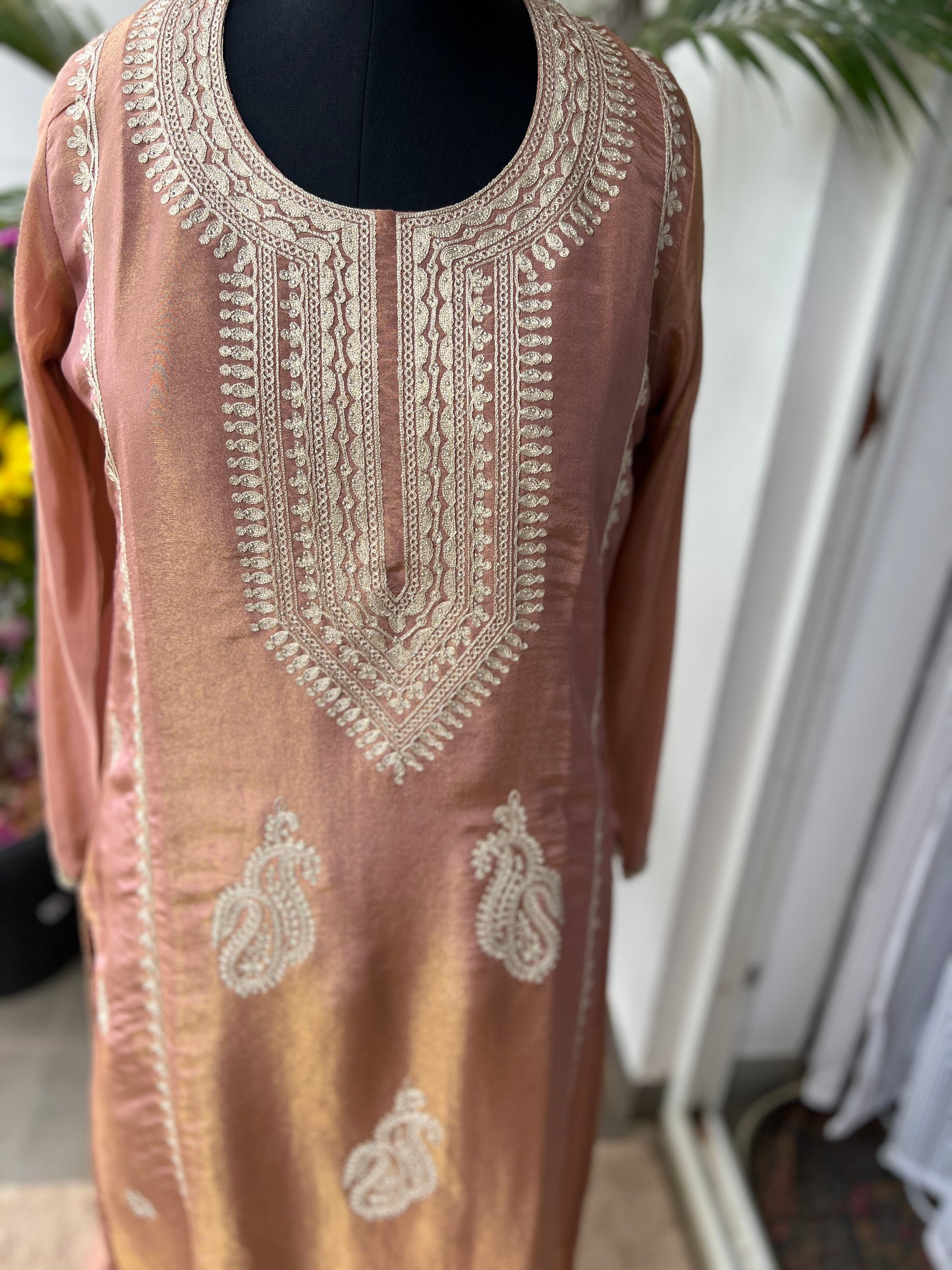 Golden Elegance – Shimmer Silk Ready to Wear Suit with Intricate Embroidery & Lace Detailing
