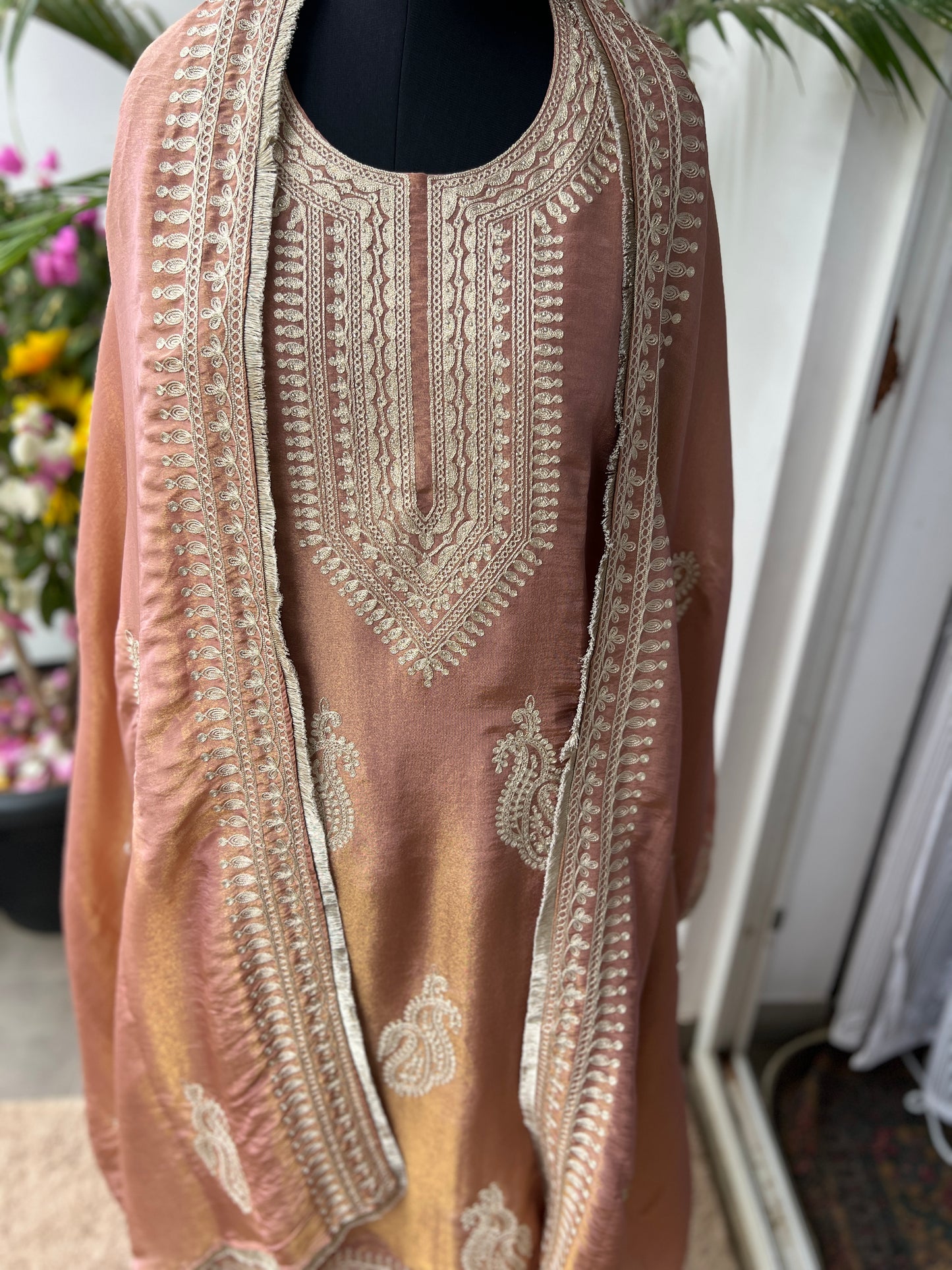 Golden Elegance – Shimmer Silk Ready to Wear Suit with Intricate Embroidery & Lace Detailing