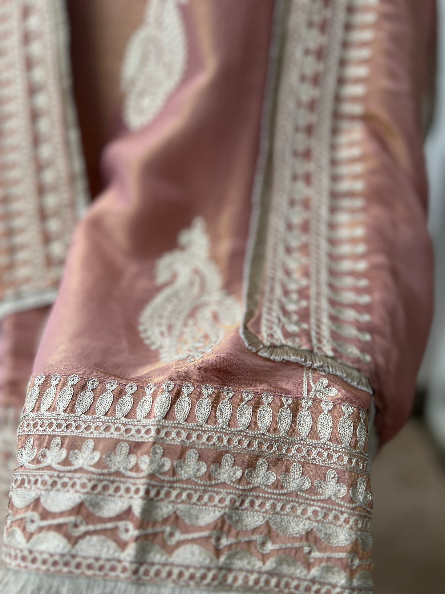 Golden Elegance – Shimmer Silk Ready to Wear Suit with Intricate Embroidery & Lace Detailing