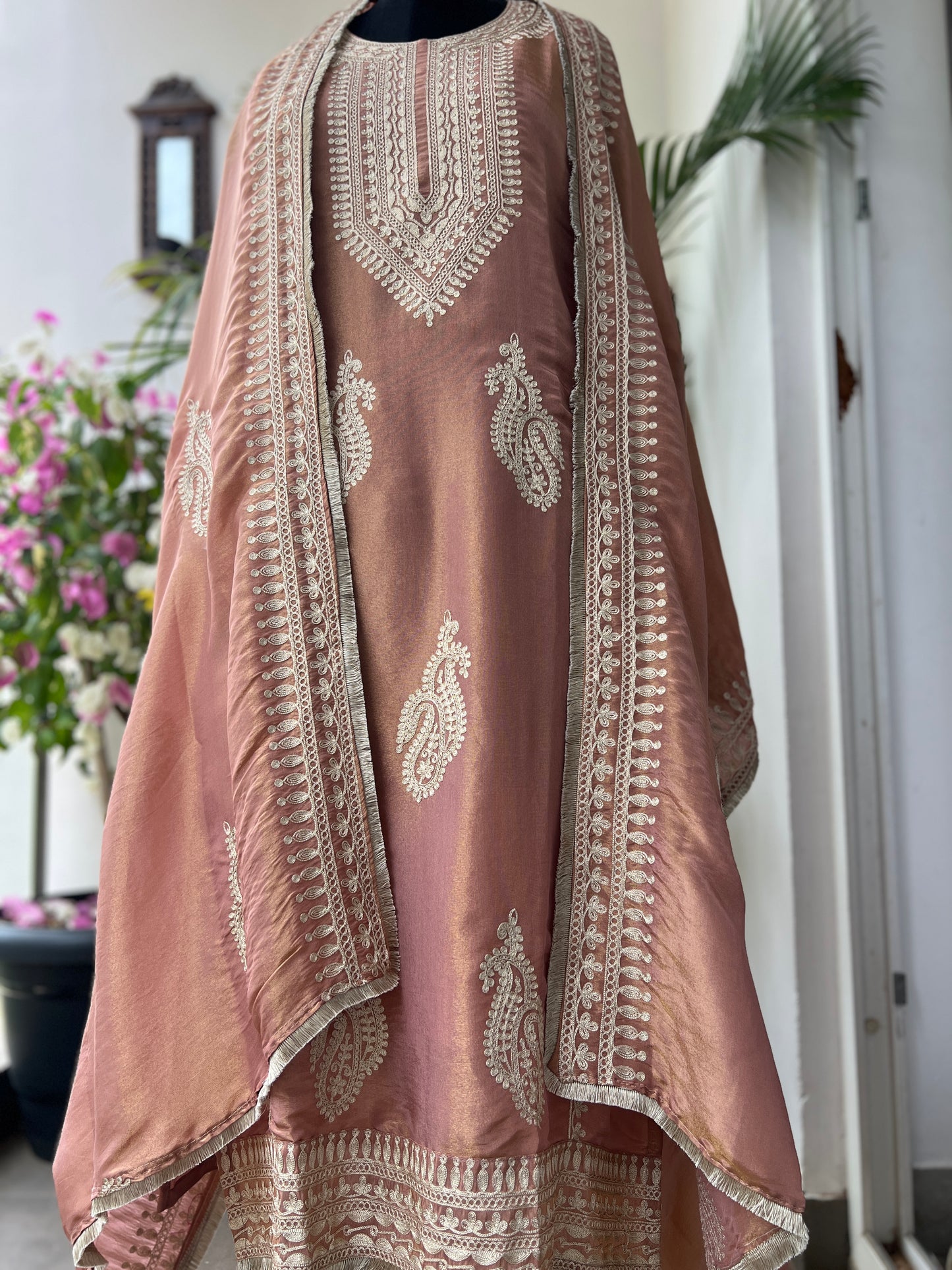 Golden Elegance – Shimmer Silk Ready to Wear Suit with Intricate Embroidery & Lace Detailing