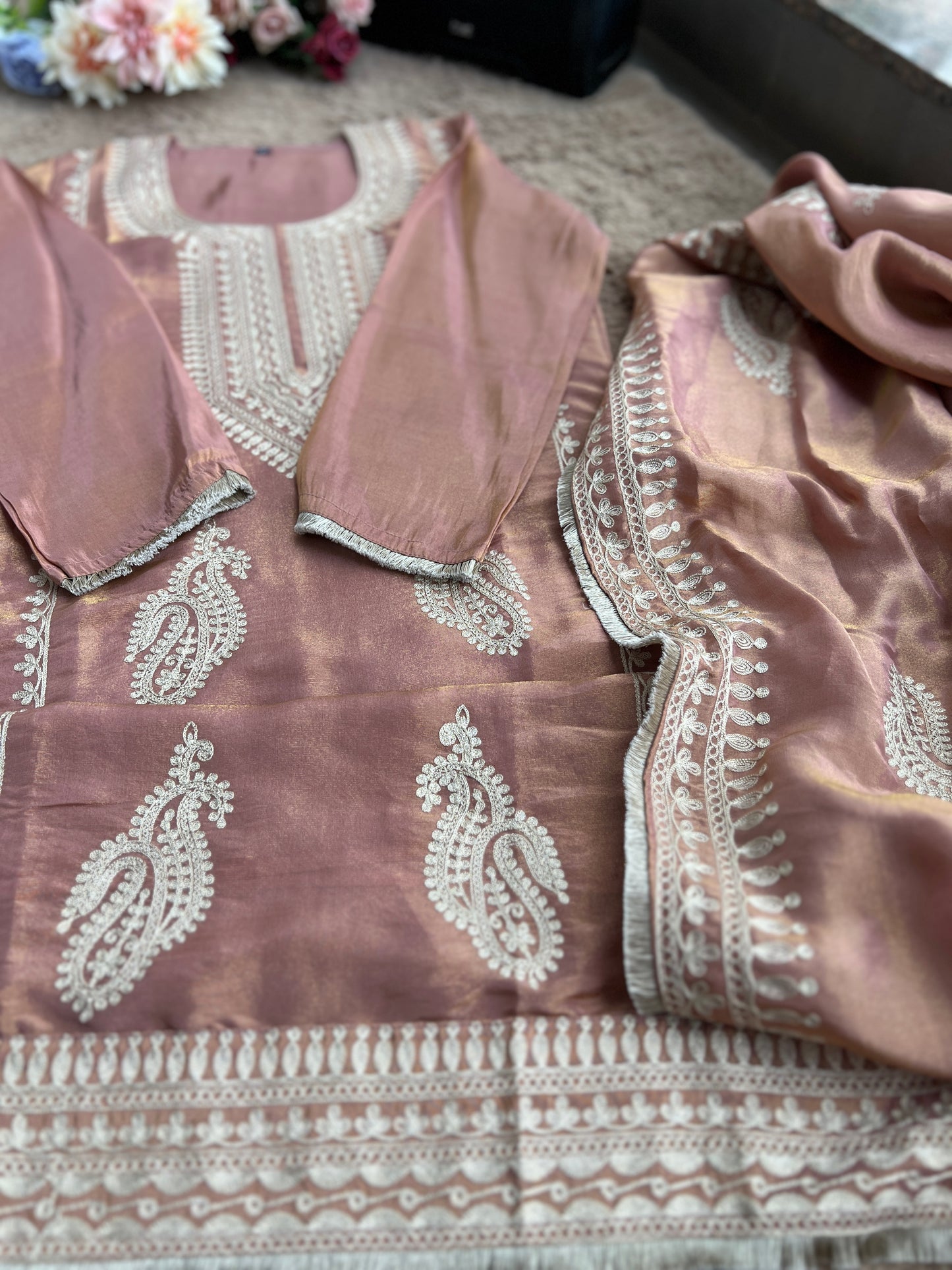 Golden Elegance – Shimmer Silk Ready to Wear Suit with Intricate Embroidery & Lace Detailing