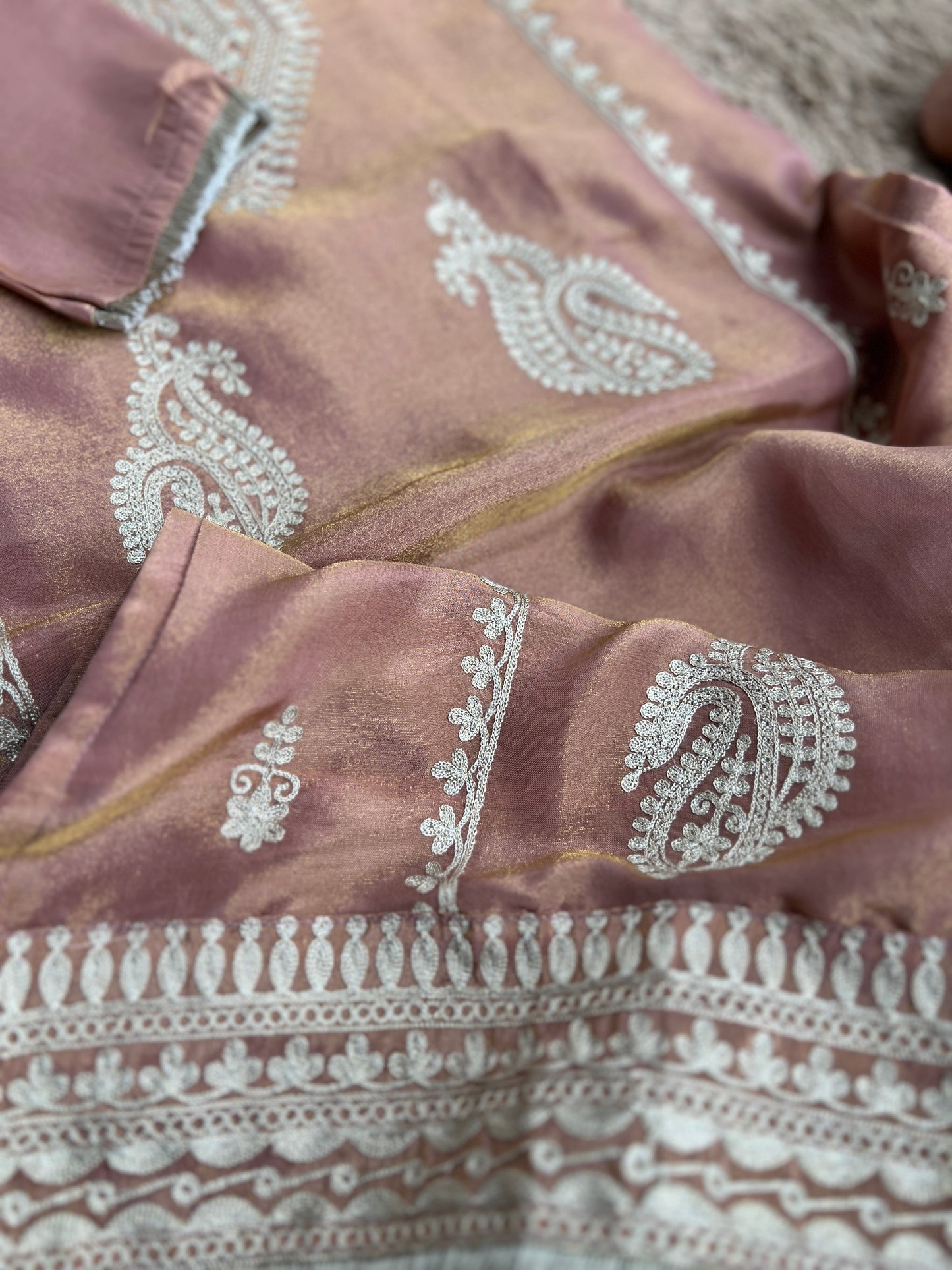 Golden Elegance – Shimmer Silk Ready to Wear Suit with Intricate Embroidery & Lace Detailing