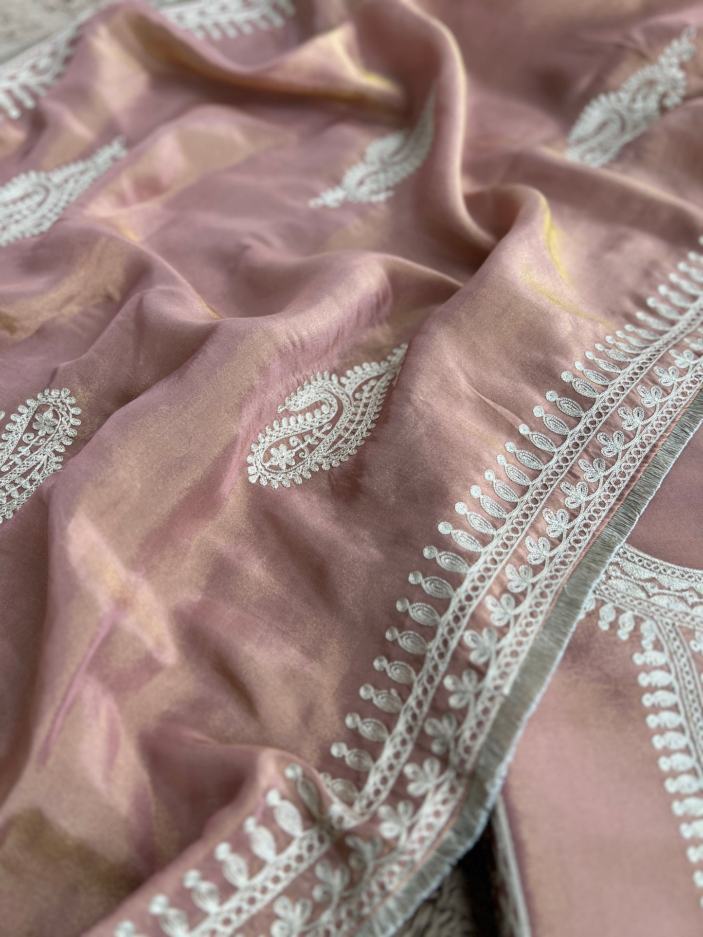 Golden Elegance – Shimmer Silk Ready to Wear Suit with Intricate Embroidery & Lace Detailing
