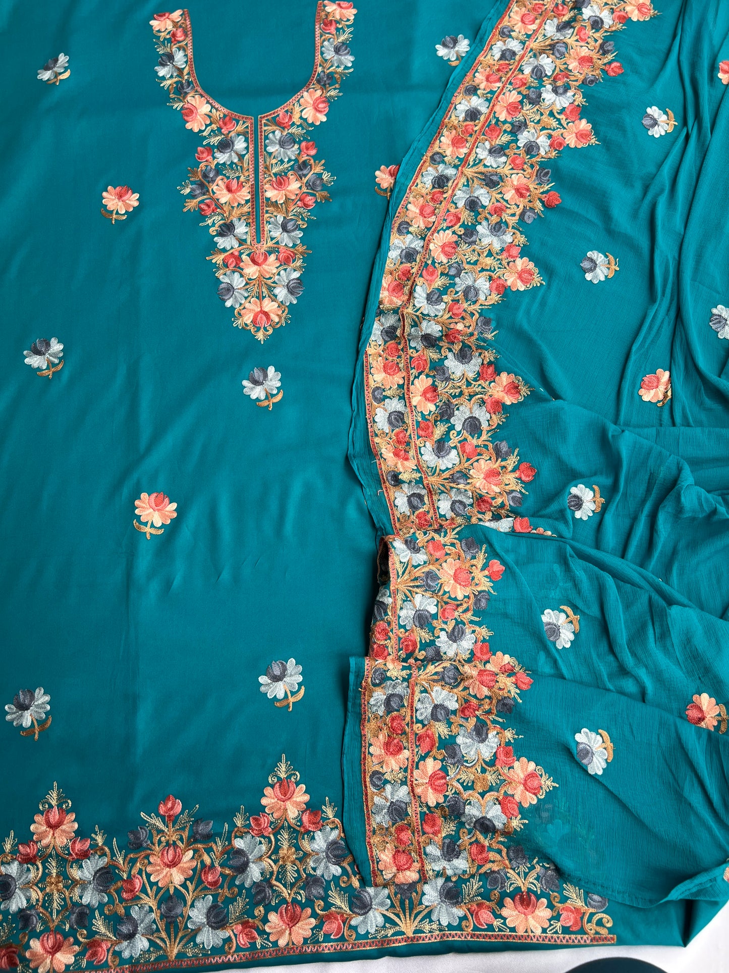 Teal Blue Timeless Kashmiri Unstitched Salwar Suit with Chiffon Dupatta