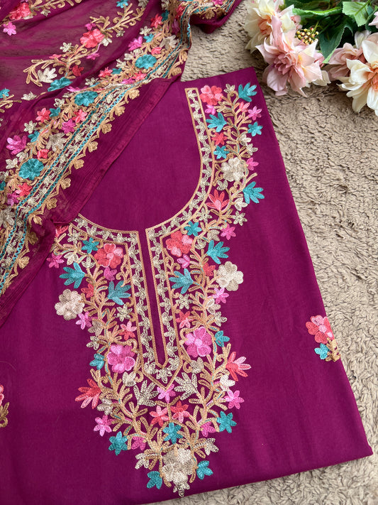Wine Plum Timeless Kashmiri Unstitched Salwar Suit with Chiffon Dupatta