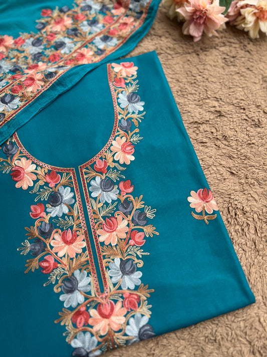 Teal Blue Timeless Kashmiri Unstitched Salwar Suit with Chiffon Dupatta