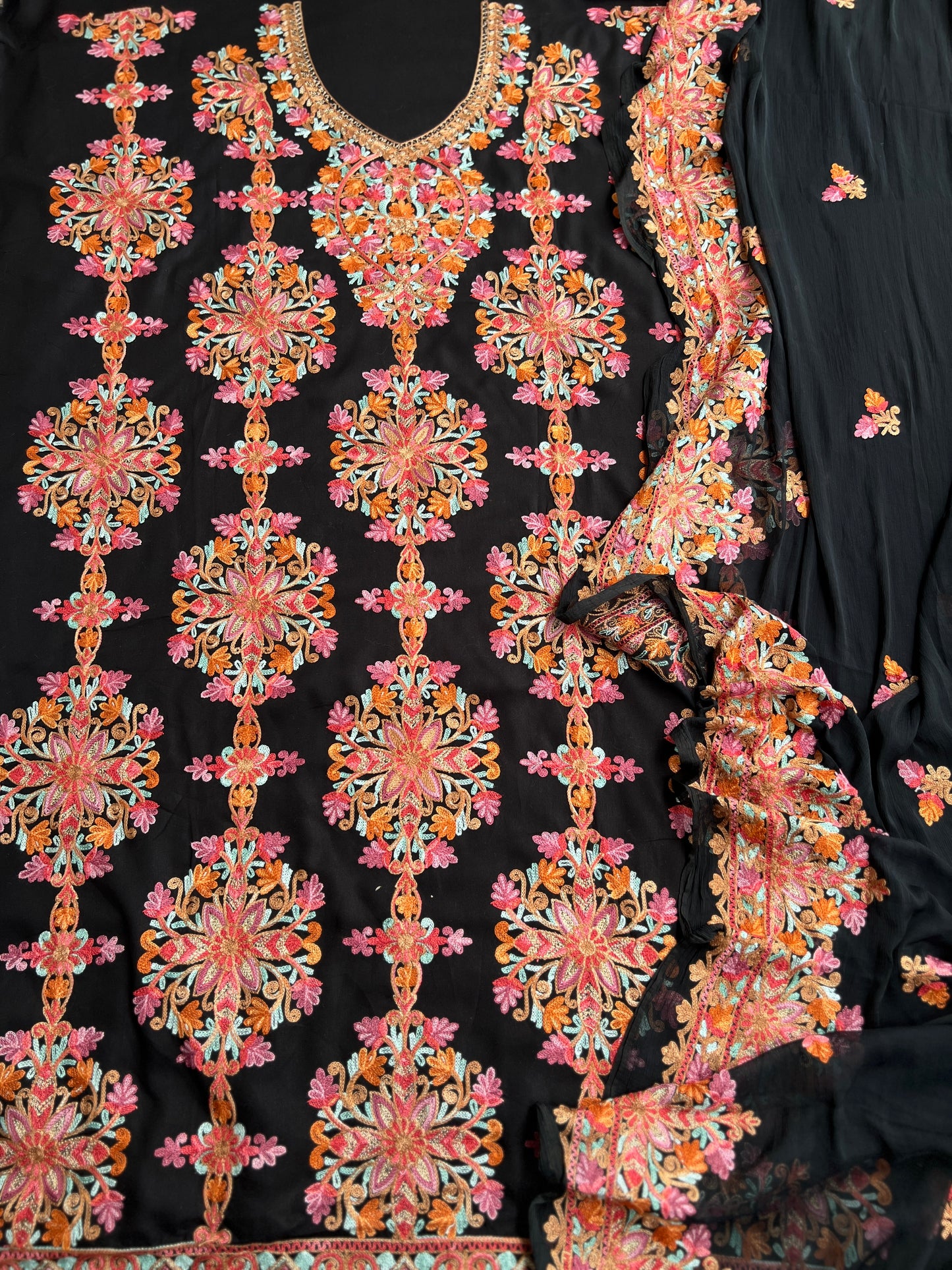 Royal Black Unstitched Dress Material Adorned with Multi-Thread Kashmiri Embroidery