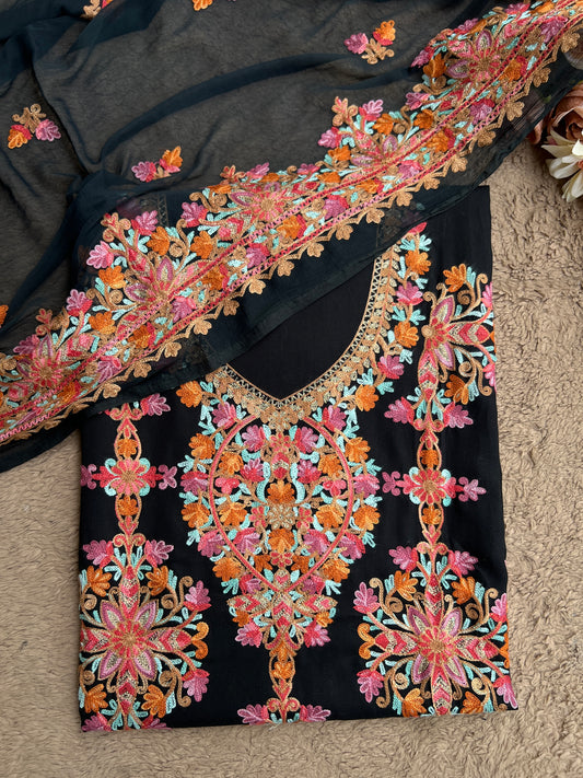 Royal Black Unstitched Dress Material Adorned with Multi-Thread Kashmiri Embroidery