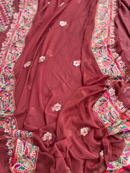 Rust Maroon Timeless Kashmiri Unstitched Salwar Suit with Chiffon Dupatta