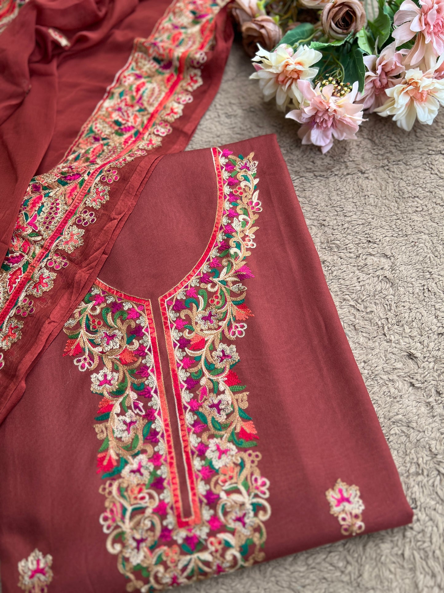 Rust Maroon Timeless Kashmiri Unstitched Salwar Suit with Chiffon Dupatta
