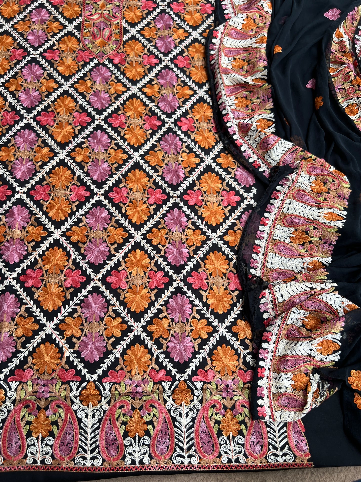 Black Timeless Kashmiri Unstitched Salwar Suit with Chiffon Dupatta