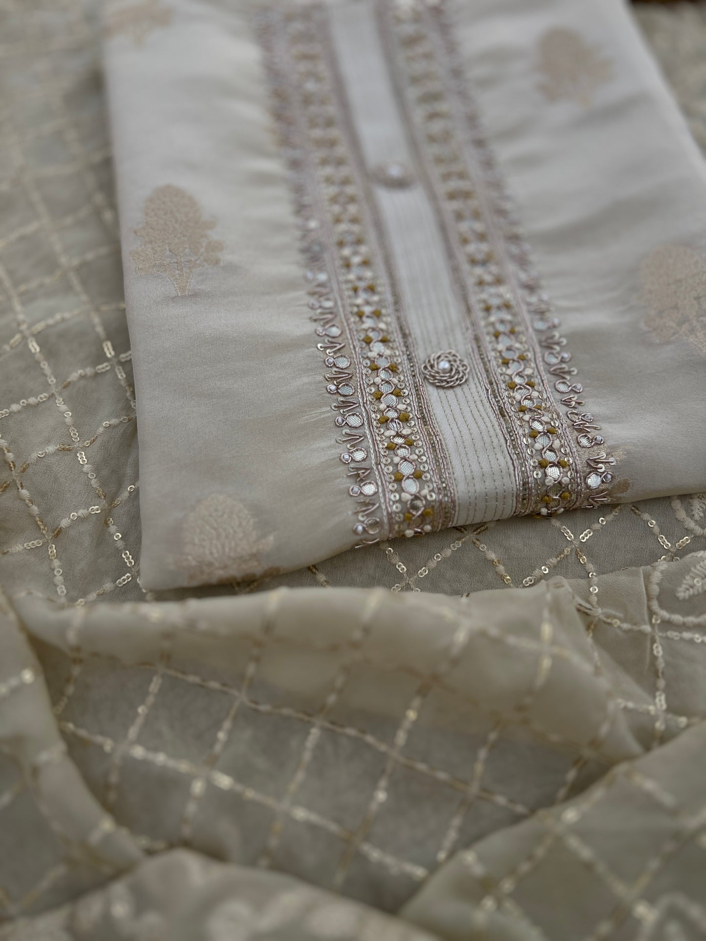 Ivory Silk Handwork With Chikankari Dupatta