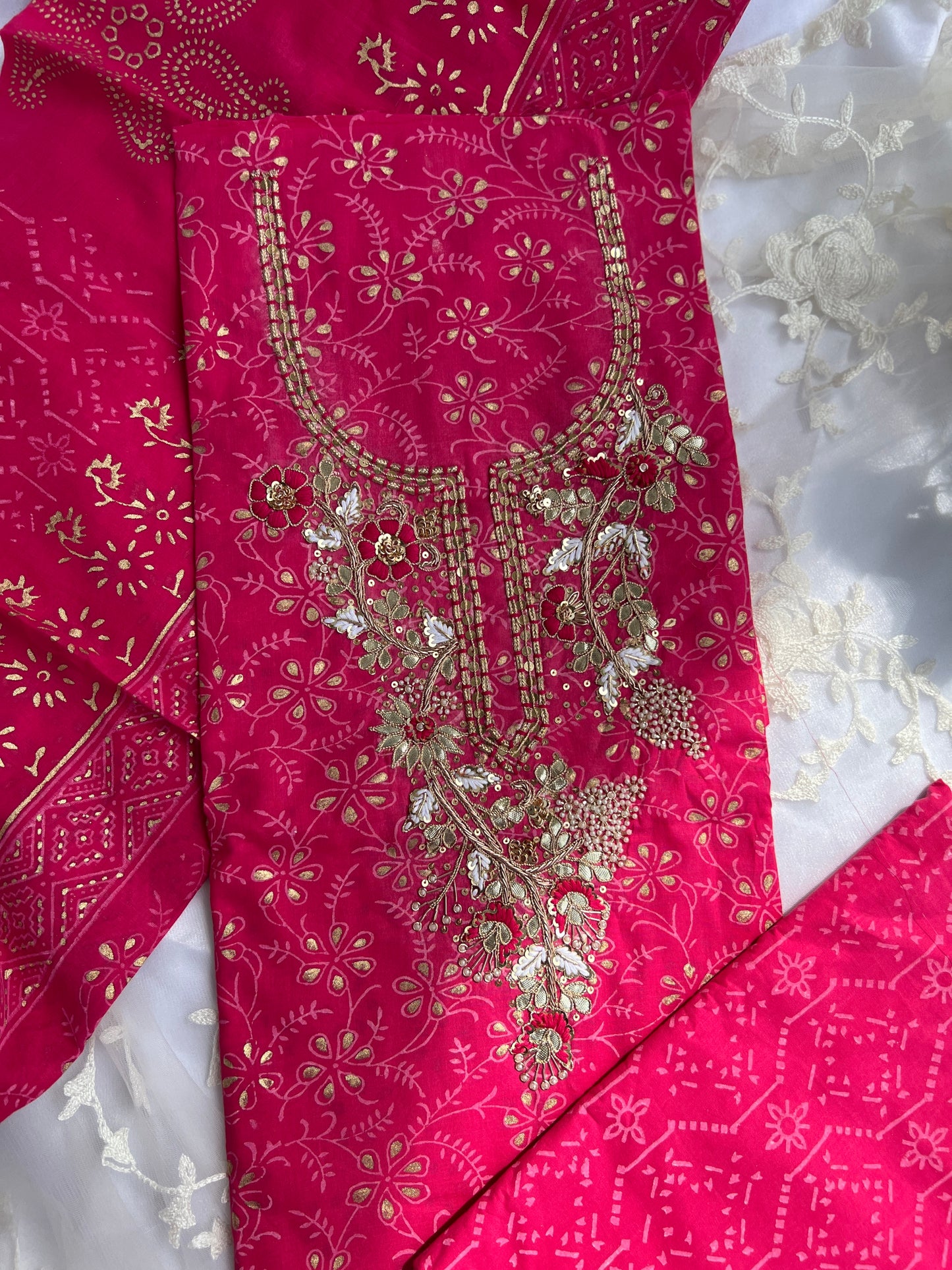Gulabi Glamour: Pure Cotton Hand-Embroidered Suit Set