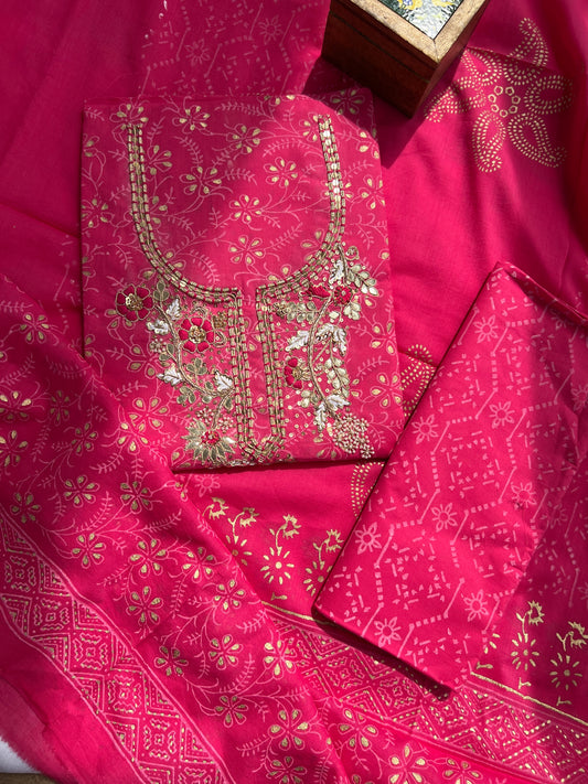 Gulabi Glamour: Pure Cotton Hand-Embroidered Suit Set