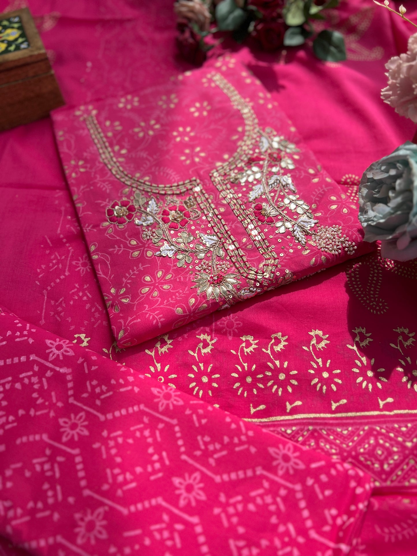 Gulabi Glamour: Pure Cotton Hand-Embroidered Suit Set