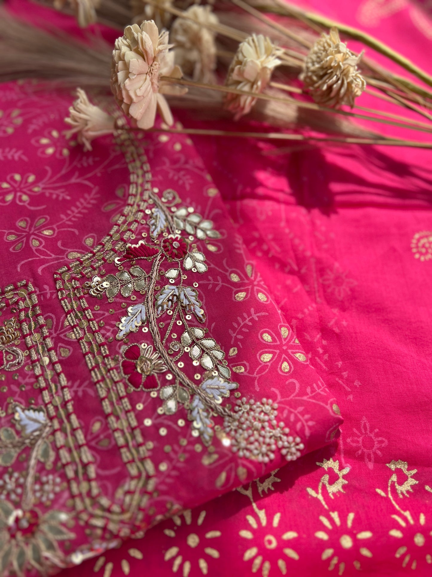 Gulabi Glamour: Pure Cotton Hand-Embroidered Suit Set