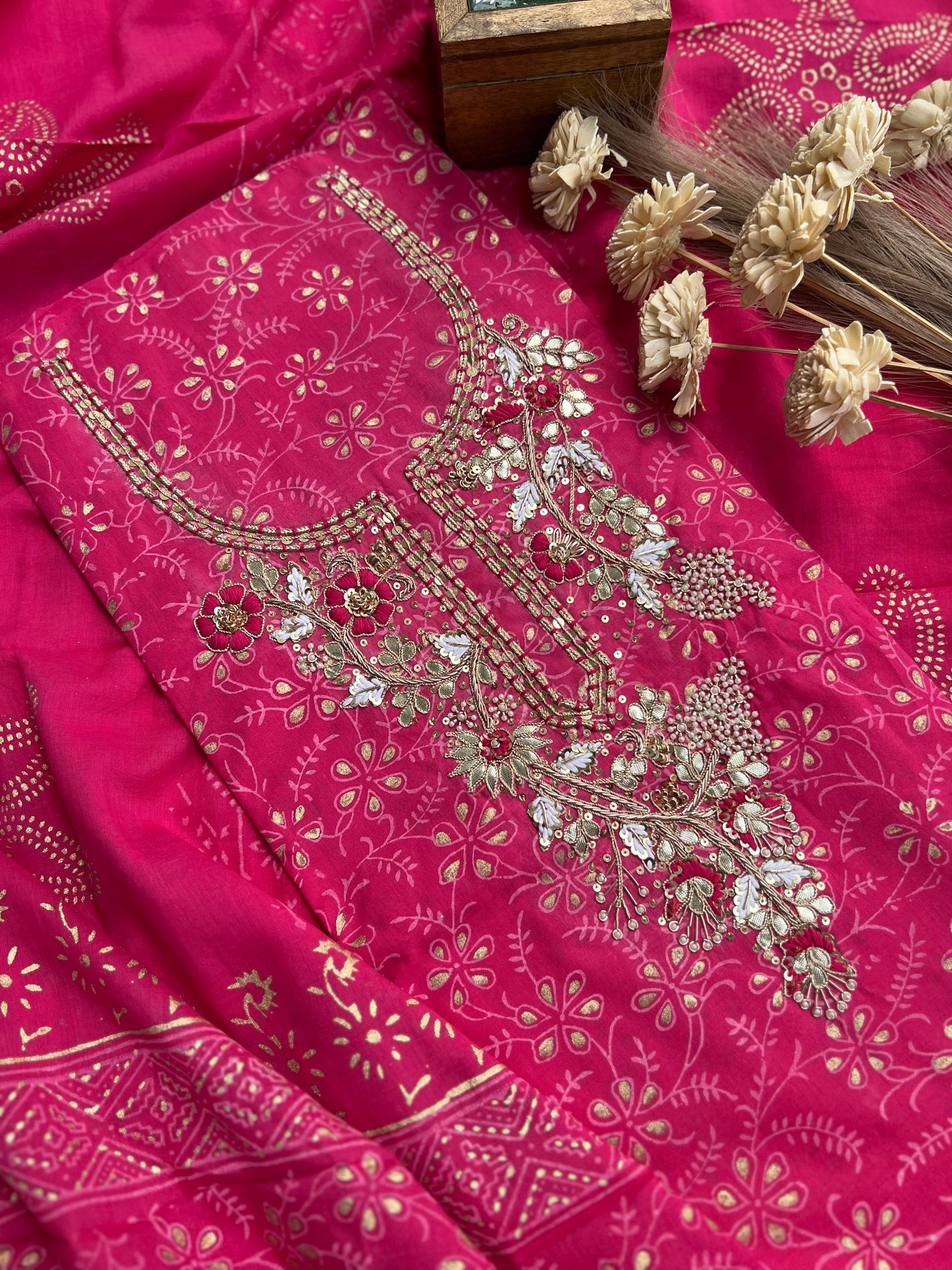 Gulabi Glamour: Pure Cotton Hand-Embroidered Suit Set