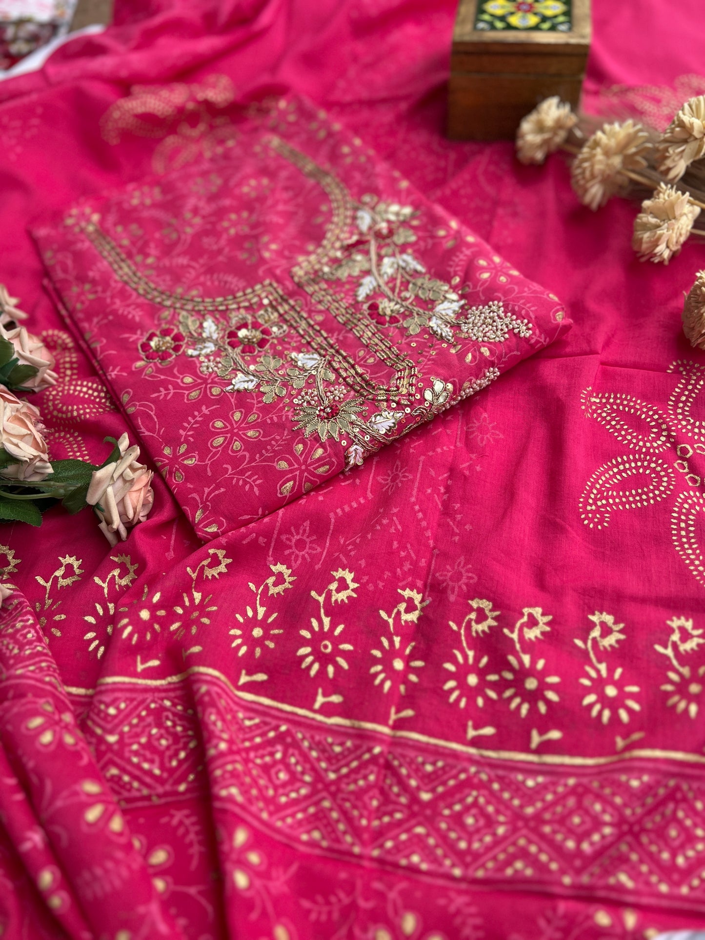 Gulabi Glamour: Pure Cotton Hand-Embroidered Suit Set