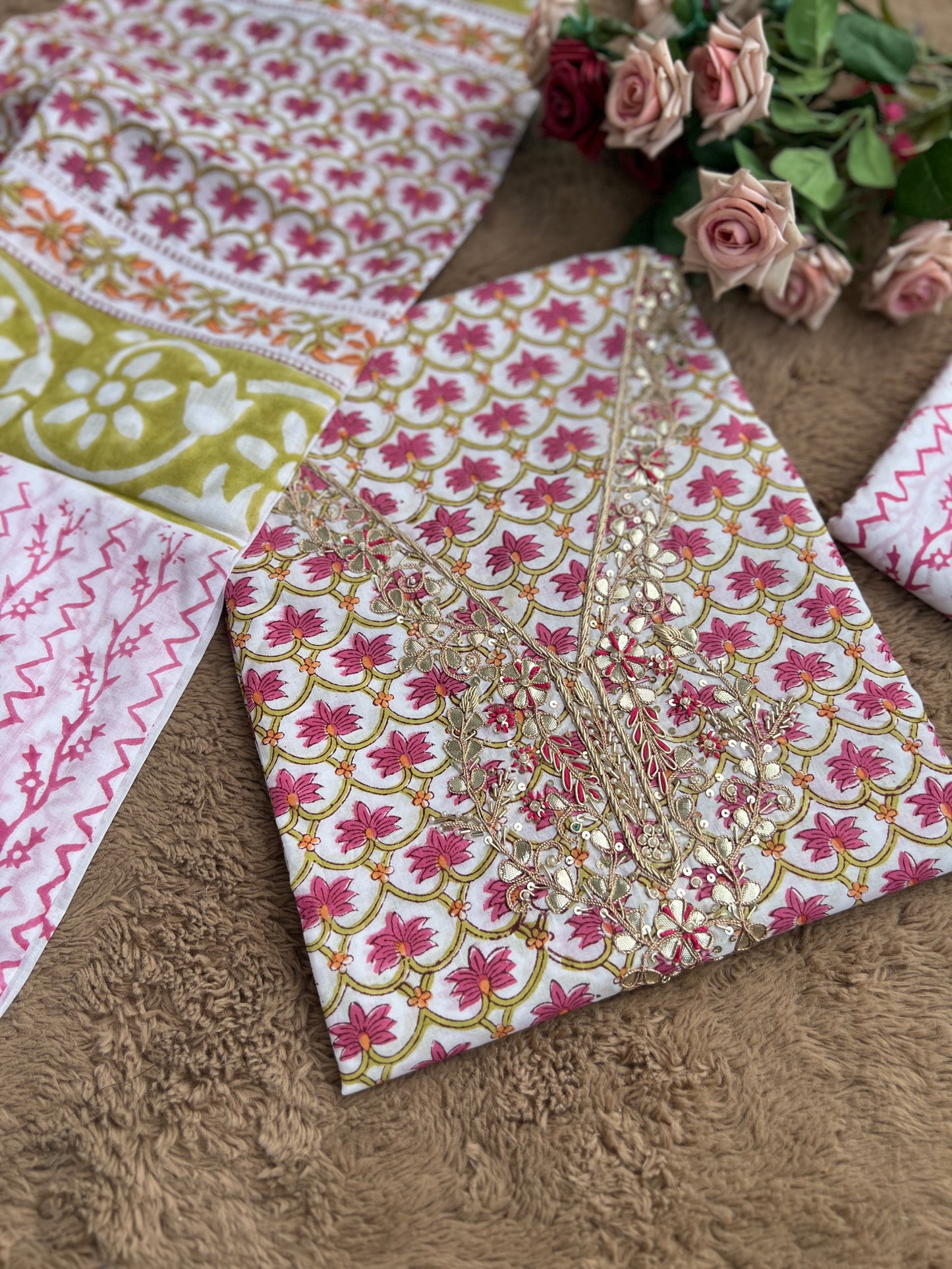 Floral Cotton Suit with Handcrafted Neck Embroidery