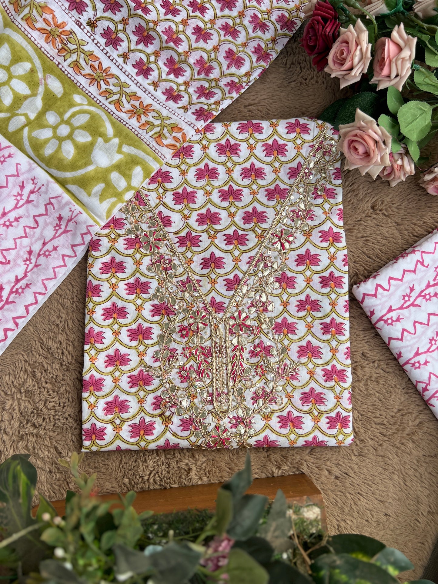Floral Cotton Suit with Handcrafted Neck Embroidery
