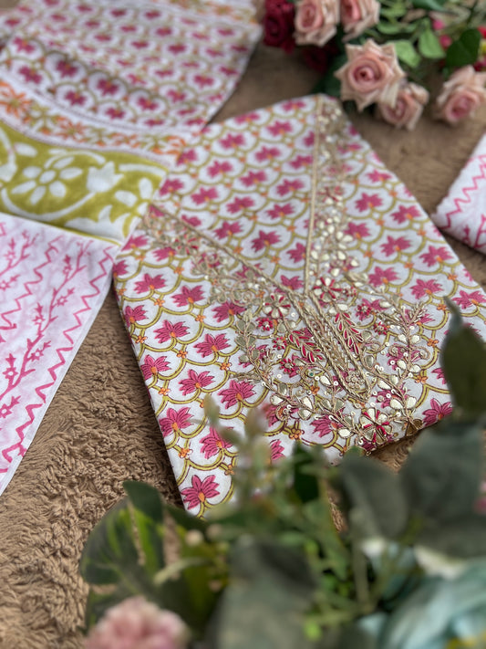 Floral Cotton Suit with Handcrafted Neck Embroidery