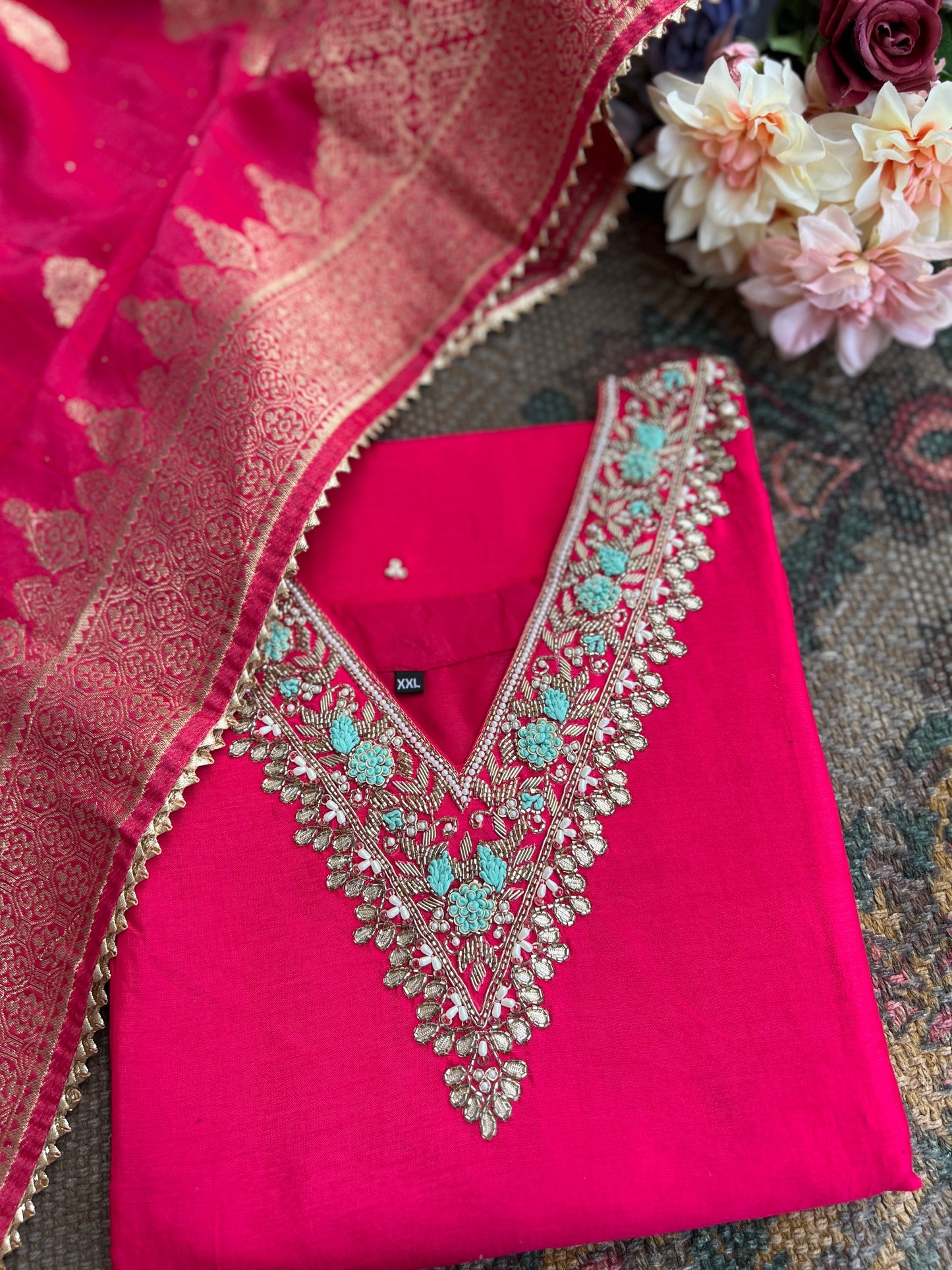 Dark Pink Dola Silk Suit with Handwork & Banarasi Dupatta