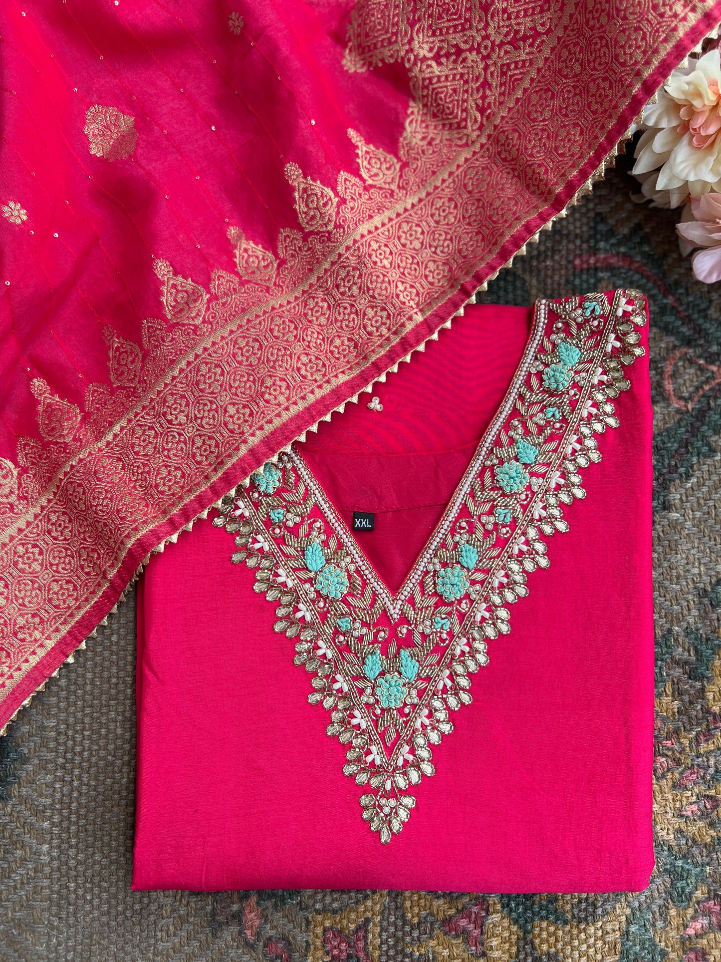 Dark Pink Dola Silk Suit with Handwork & Banarasi Dupatta