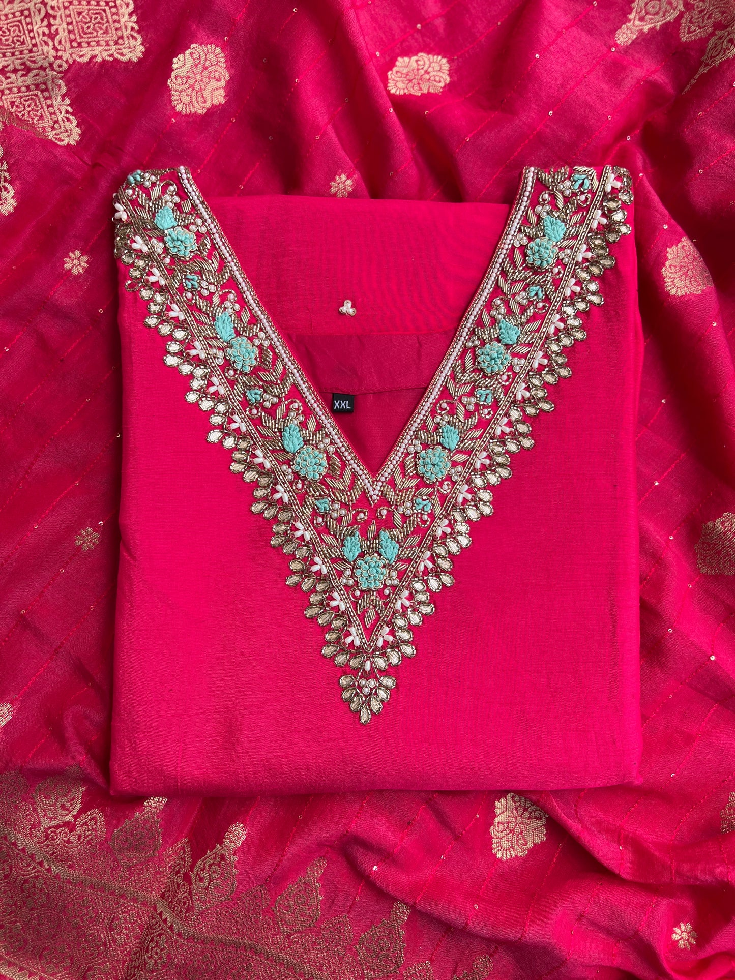 Dark Pink Dola Silk Suit with Handwork & Banarasi Dupatta