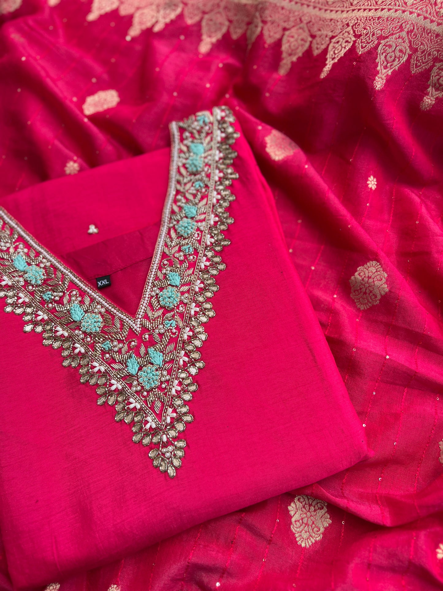 Dark Pink Dola Silk Suit with Handwork & Banarasi Dupatta