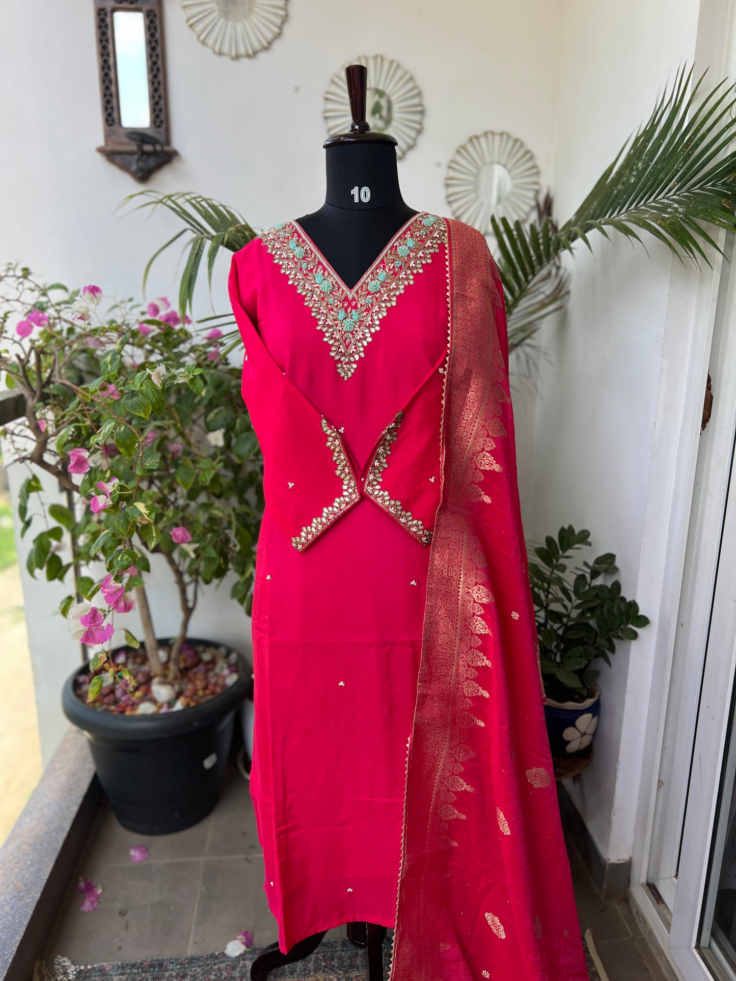 Dark Pink Dola Silk Suit with Handwork & Banarasi Dupatta