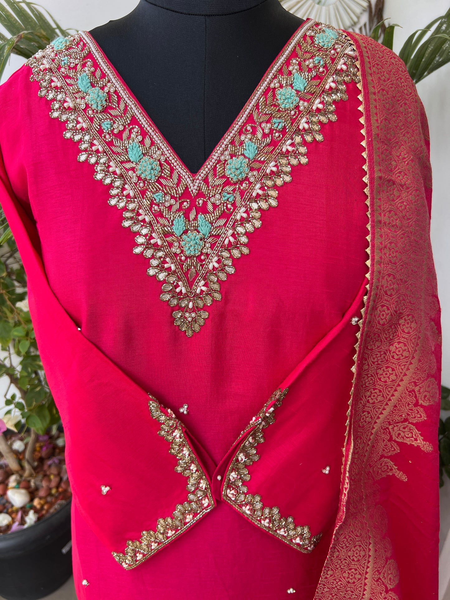 Dark Pink Dola Silk Suit with Handwork & Banarasi Dupatta