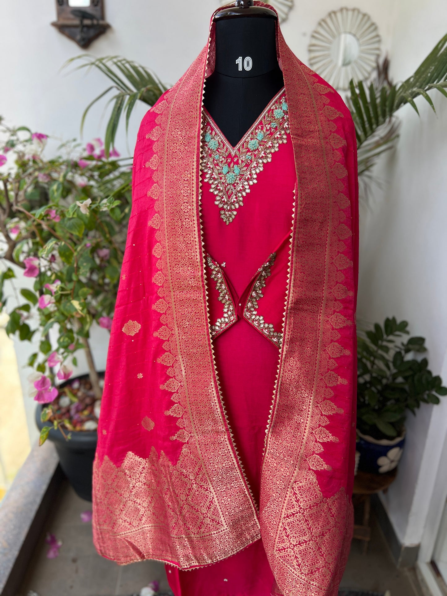 Dark Pink Dola Silk Suit with Handwork & Banarasi Dupatta