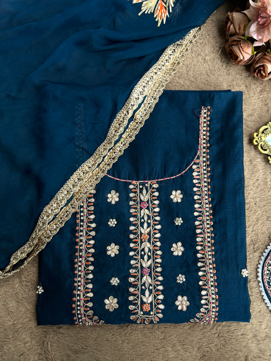 Blue Chanderi Gota-Phool & Potli Details