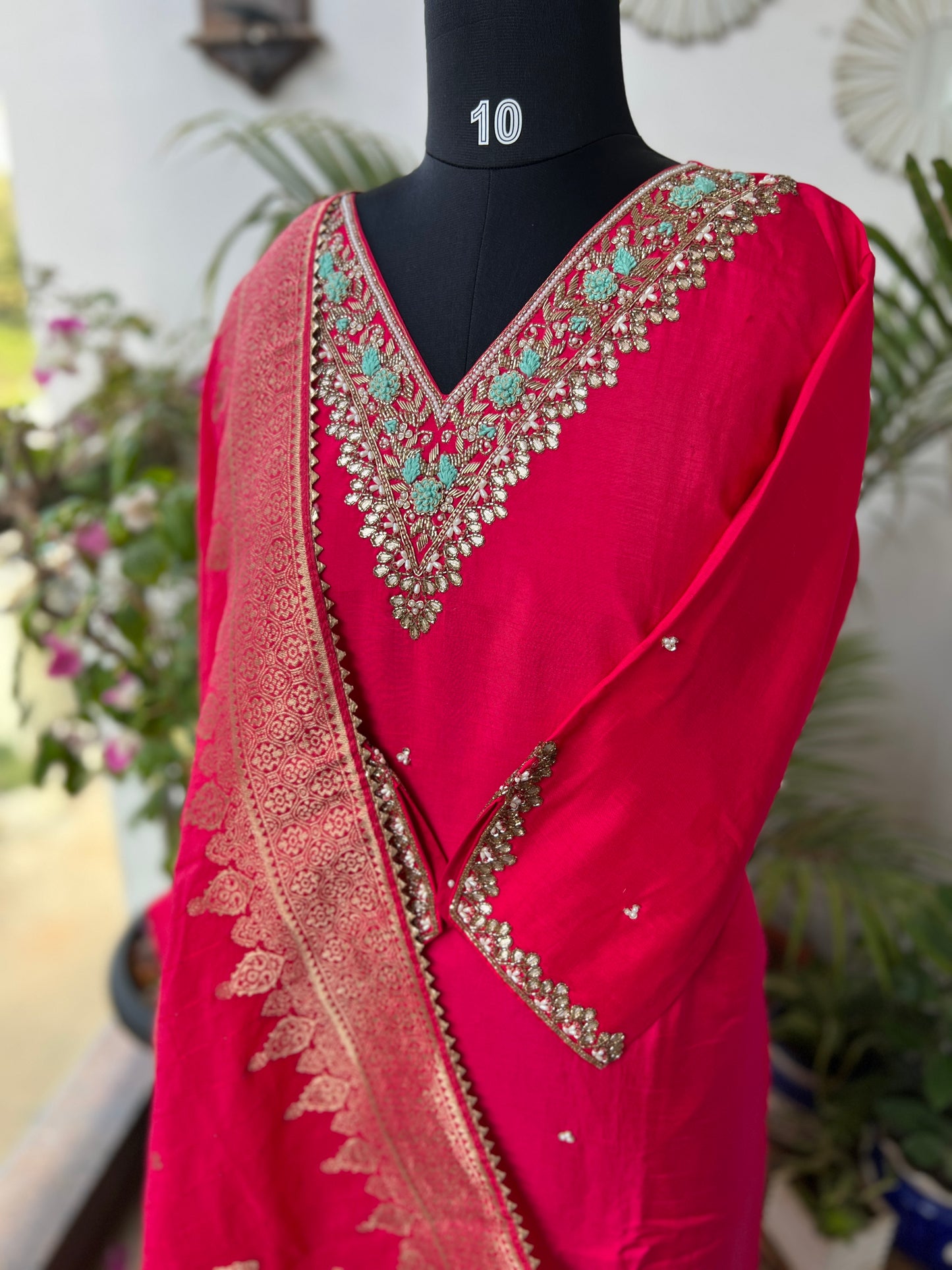 Dark Pink Dola Silk Suit with Handwork & Banarasi Dupatta