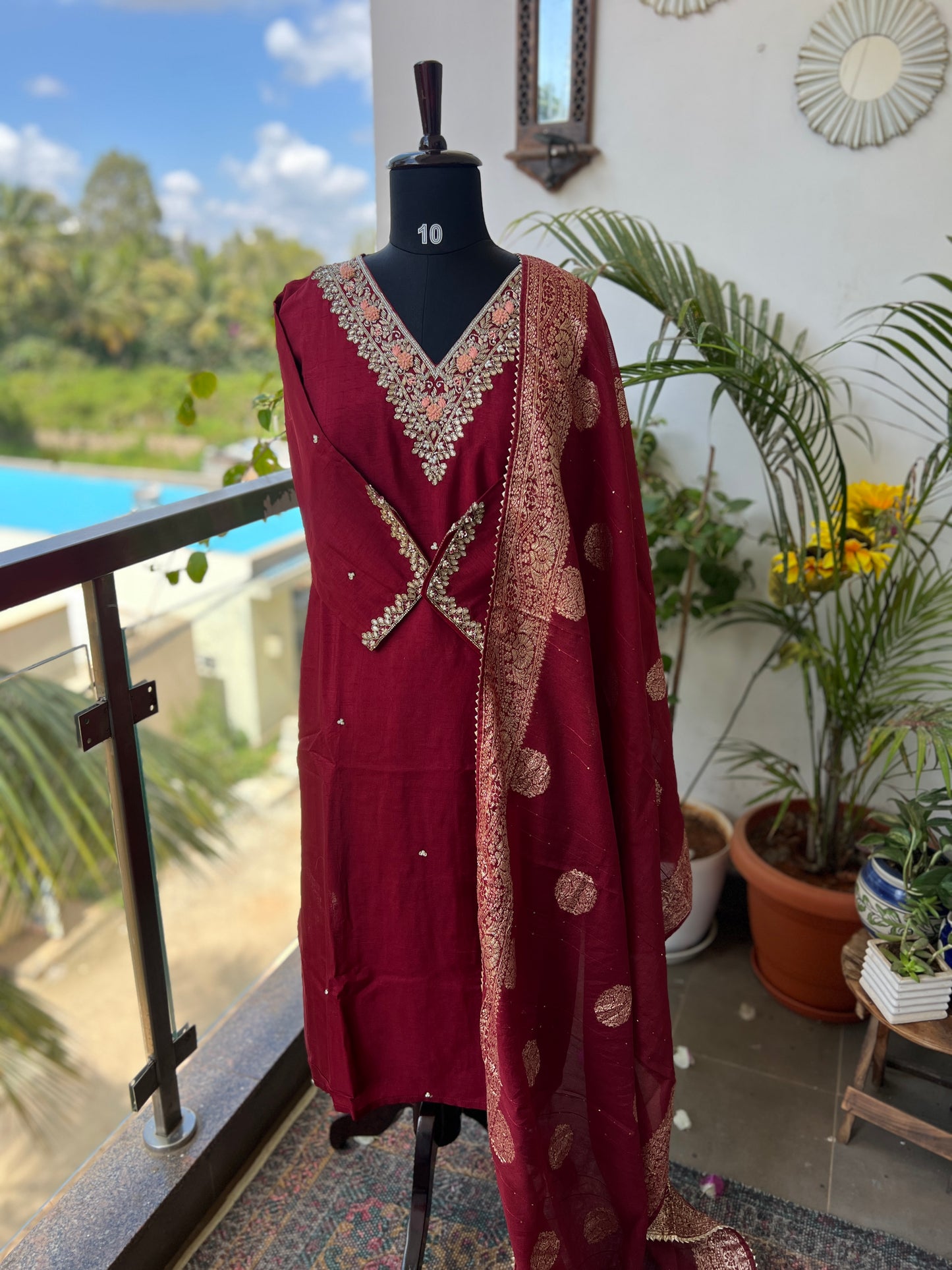 Maroon Dola Silk Suit with Handwork & Banarasi Dupatta
