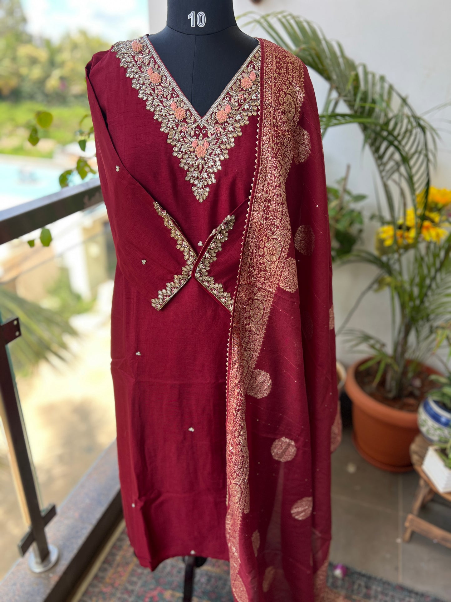 Maroon Dola Silk Suit with Handwork & Banarasi Dupatta