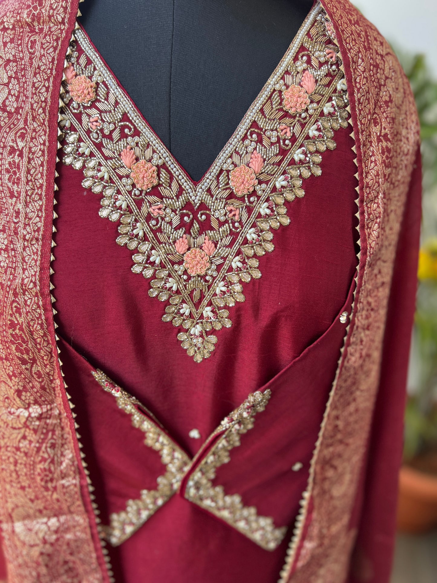 Maroon Dola Silk Suit with Handwork & Banarasi Dupatta