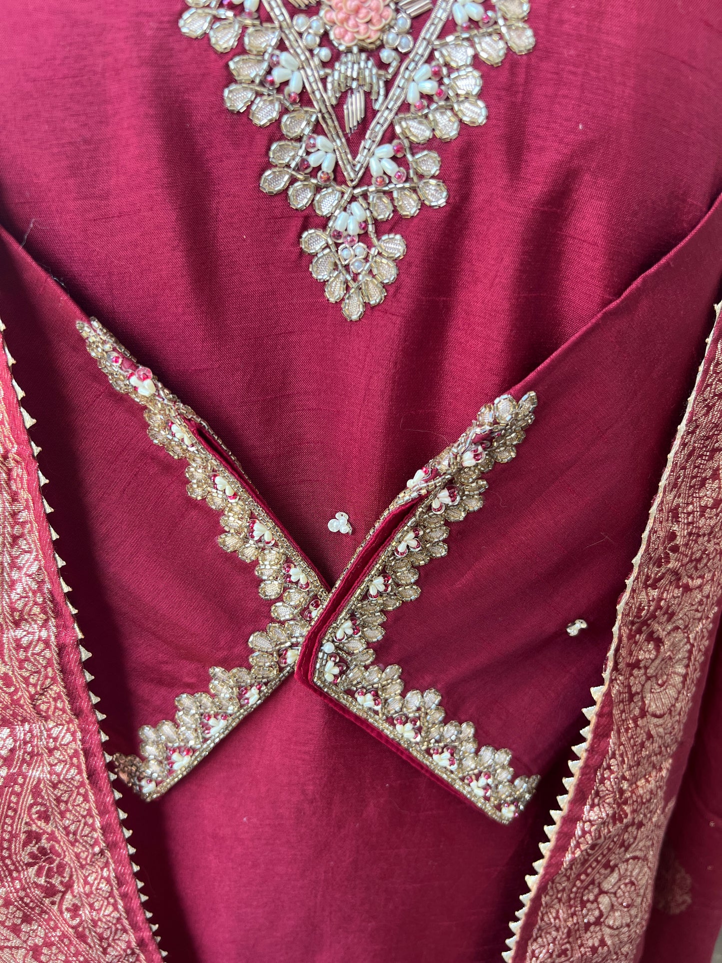 Maroon Dola Silk Suit with Handwork & Banarasi Dupatta