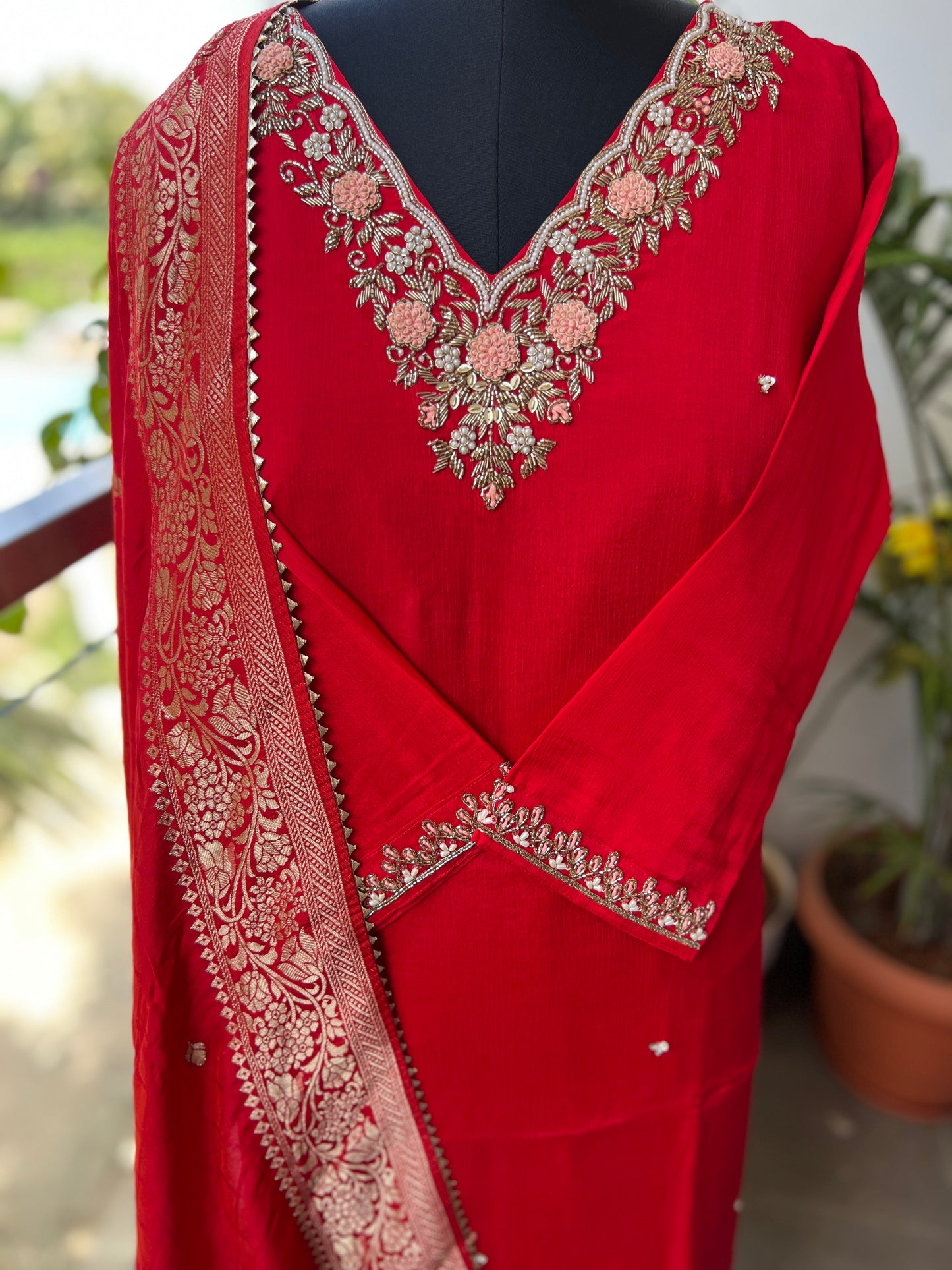 Red Chinnon Suit with Handwork & Silk Banarasi Dupatta